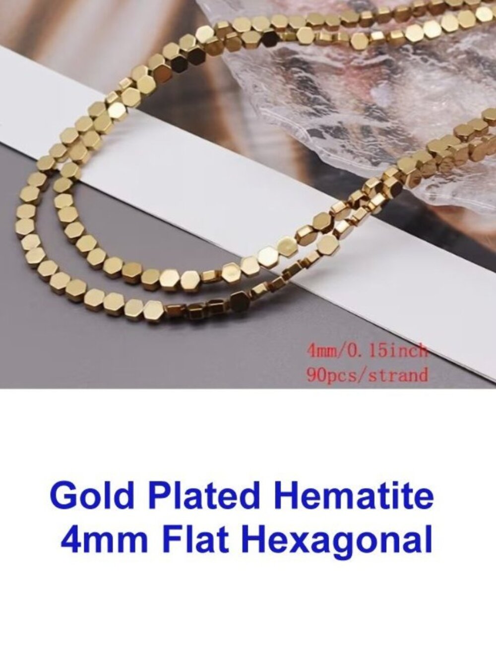 Gold Plated Hematite Beads 4mm Flat Hex 15" Strand